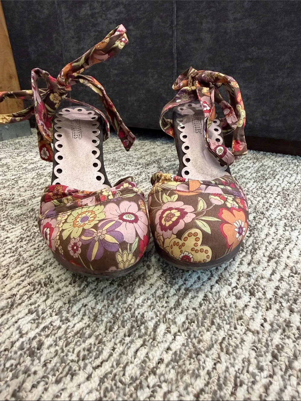 Seychelles Floral Tie-Detail Wedge Sandals in Brown, Pink, Yellow